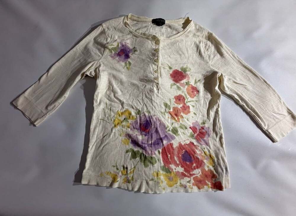 Ralph Lauren Floral Henley Shirt Women XL Cream Long Sleeve Top